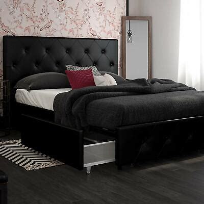 Contemporary Black Queen Size Bed Frame With Storage Drawers Tufted