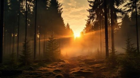 Premium Photo | Sunrise in the Foggy Forest