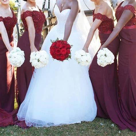 Burgundy Mermaid Bridesmaid Dresses Off Shoulders Beads Lace Bodice