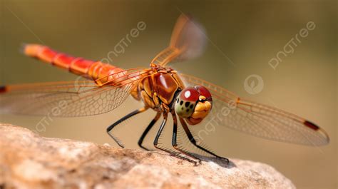 Red Dragonfly Sitting On Top Of A Rock Background Close Up Picture Of