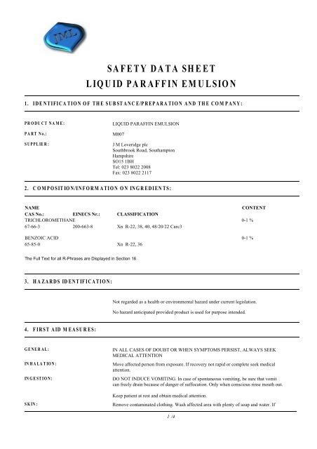 Safety Data Sheet Liquid Paraffin Emulsion J M Loveridge Plc