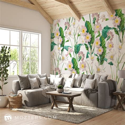 Green and White Floral Botanic Horizontal Wallpaper Wallzter - Mozters