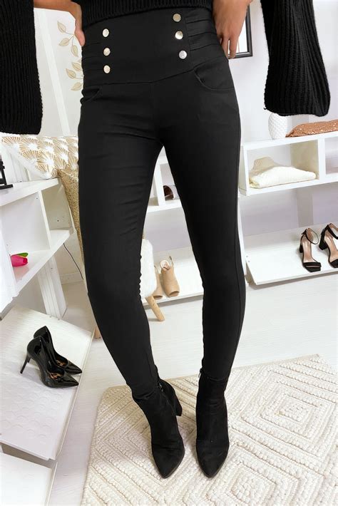 Pantalon Slim Noir Taille Haute Avec Boutons Fantaisies