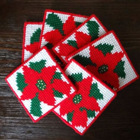 Set Of 6 Plastic Canvas Needlepoint Christmas Poinsettia Coasters