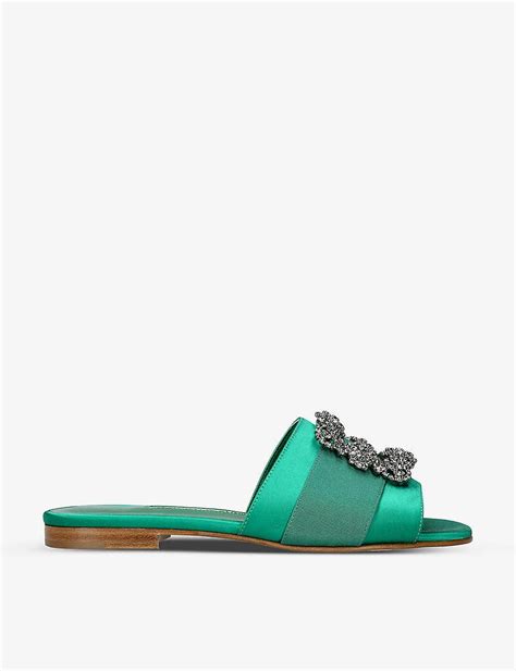 Manolo Blahnik Martamod Crystal Embellished Satin Flat Sandals In Green