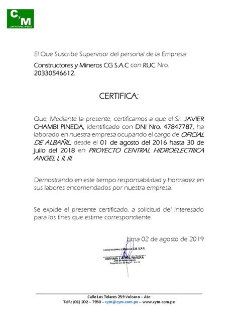 Certificado De Trabajo Cym Pdf