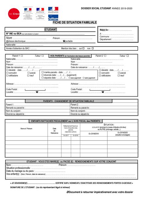 Fiche Famille Dzq Dossier Social Etudiant Annee Fiche De