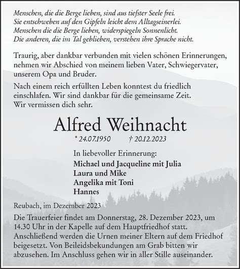 Traueranzeigen von Alfred Weihnacht Südwest Presse Trauer