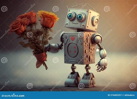 Cute Robot Surprises His Special Someone With Bouquet Of Flowers On Special Occasion Stock