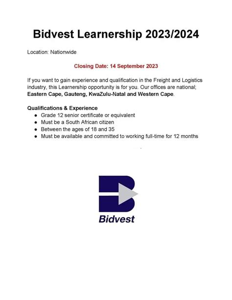 Bidvest Learnership 2023 2024 Ijob