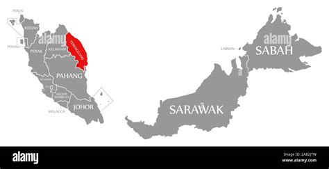 Terengganu red highlighted in map of Malaysia Stock Photo - Alamy