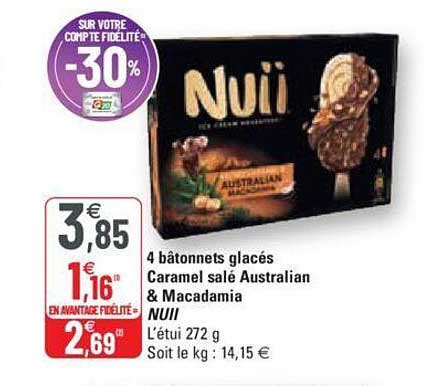 Promo 4 Bâtonnets Glacés Caramel Salé Australian Macadamia Nuii chez