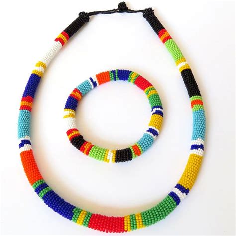 African Zulu Beaded Necklace And Round Bracelet Set Multicolour One