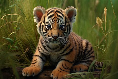 Cute tiger cub sitting in the grass and looking at camera. A cute tiger ...