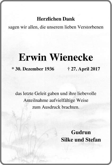 Traueranzeigen Von Erwin Wienecke Trauer In Nrw De