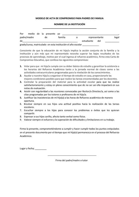 ACTA DE Compromiso MODELO DE ACTA DE COMPROMISO PARA PADRES DE