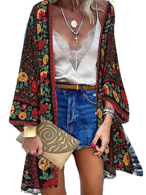 Lilylll Plus Size Womens Boho Floral Cover Up Blouse Kimono Open Front Cardigan Tops