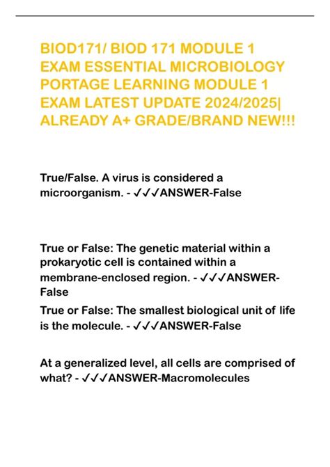 BIOD171 BIOD 171 MODULE 1 EXAM ESSENTIAL MICROBIOLOGY PORTAGE LEARNING