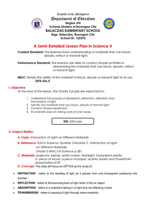 COT1 LP IN Science 5 2022 Republic Of The Philippines Department Of