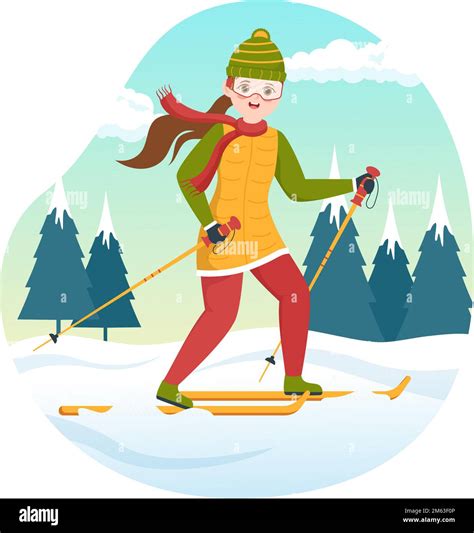 Ski Illustration With Skiers Sliding Near Mountain Going Downhill In