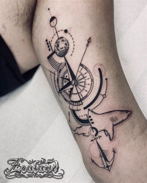 Shark Compass Fine Line Tattoo Zealand Tattoo