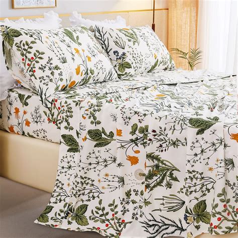 Qsh Cotton Sheets For Queen Size Bed Yellow Flowers Plant Pattern