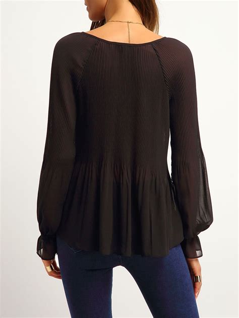 Black Bell Sleeve Sheer Ruched Blouse SheIn Sheinside