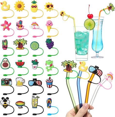 24 Pcs Straw Covers Caps Reusable Silicone Straw Toppers