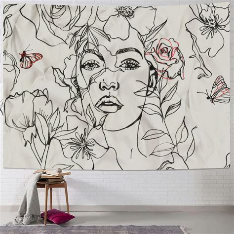 Onetech Abstract Woman Face Tapestry Floral Leaves Butterfly Art Line