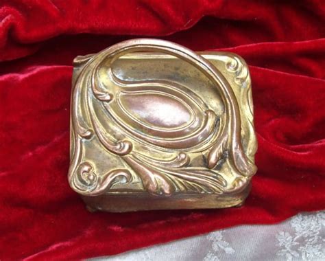 Small Antique Art Nouveau Metal Jewelry Casket Box With Original Silk