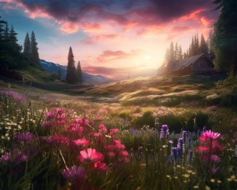 Premium Photo | A beautiful sunset in the mountains with wildflowers