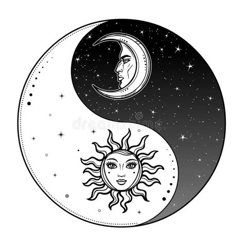 Mystical Drawing Stylized Sun And Moon With Human Face Day And Night