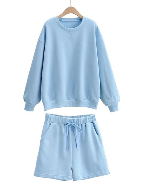 Solid Color Sweatshirt Matching Shorts Set