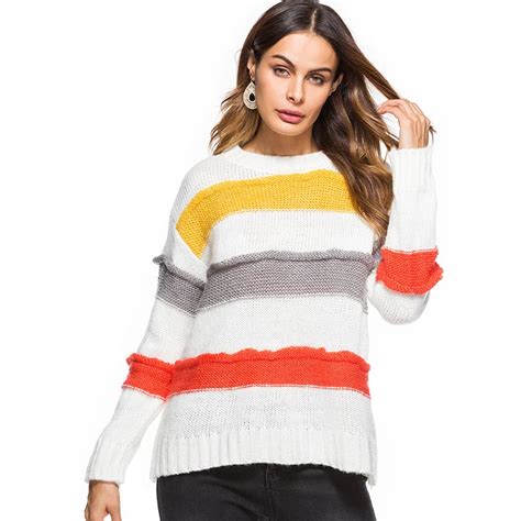 Mujeres Coloridas Rayas O Cuello De Punto Jumper Sweater 2018 Otoño Invierno Suéteres Y Suéteres