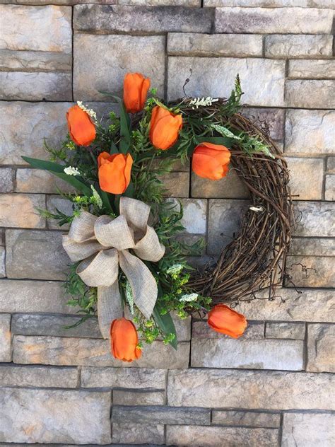 Large Tangerine Tulips And Greenery Wreath Orange Silk Tulip Grapevine