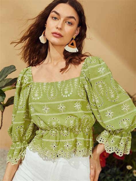 Mint Green Boho Collar Three Quarter Length Sleeve Polyester Floral