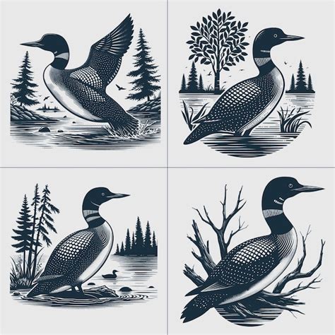 Loon Bird Vector Loon silhouette Duck Lake scene vector file | Premium ...