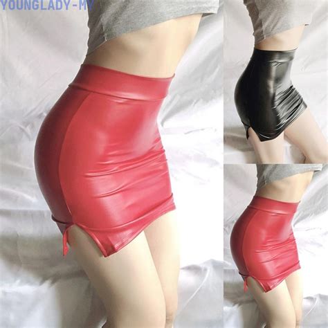 Womens Sexy PU Leather Slit Short Skirt High Waist Tight Stretch Wet