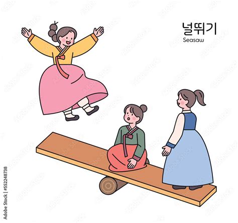 Korean Traditional Play Three Girls Wearing Hanbok Are Riding On A Traditional Korean Seesaw