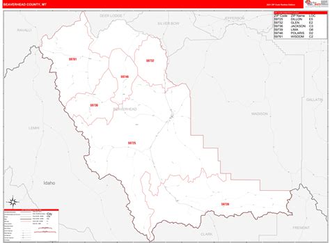 Beaverhead County, MT Zip Code Wall Map Red Line Style by MarketMAPS ...