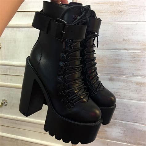 Black Square Heels Platform Boots Ankle Boots Female Lace Up Women ...