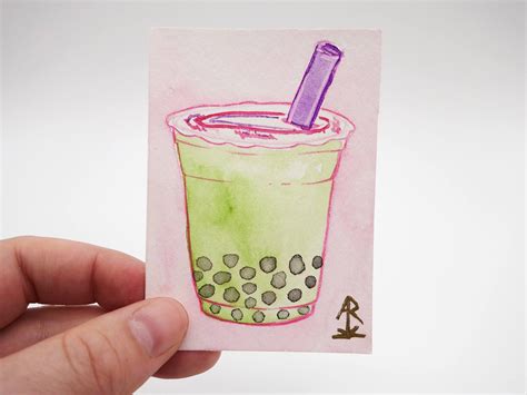 Matcha bubble tea tiny original painting boba drink | Etsy