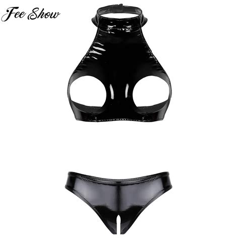 Conjunto De Lencer A Sexy Para Mujer Ropa Interior De Charol Con Copas