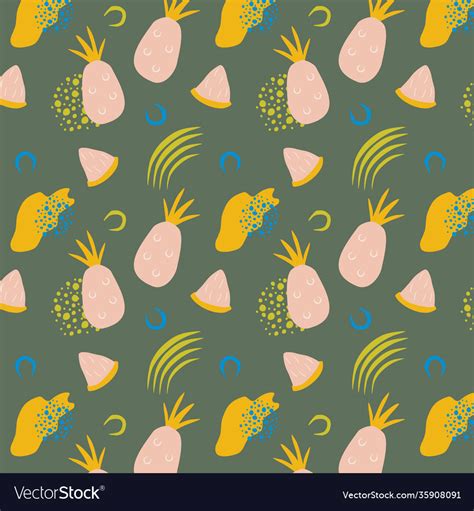 Pineapple Seamless Pattern In Hand Drawn Style Vector Image