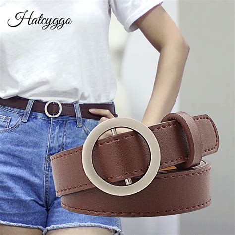 Hatcyggo Fashion Womens Leather Belt Female Round Buckle Wide Belts