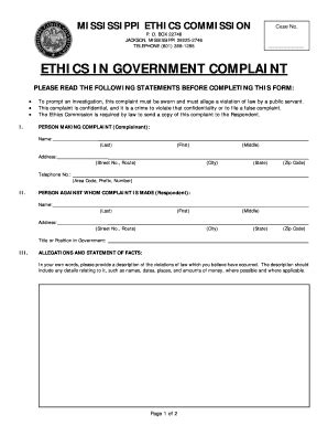 The ETHICS Complaint Form For The Mississippi Ethics Commission