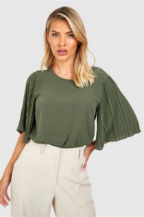 Womens Khaki Pleat Sleeve Woven Blouse Boohoo Uk