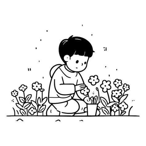 Ilustración de un niño plantando flores en el jardín Vector Vector