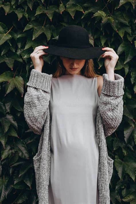 Serious Pregnant Girl In A Black Hat Stock Photo Image Of Happiness