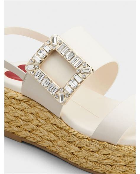 Roger Vivier Strass Buckle Raffia Wedge Sandals In Natural Lyst